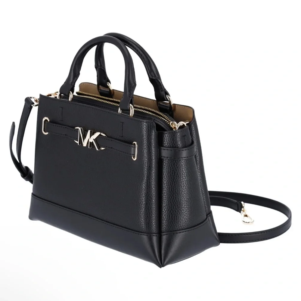 Michael Kors Reed Small Center Zip Logo Belted Satchel Crossbody Black Leather - Picture 4 of 5